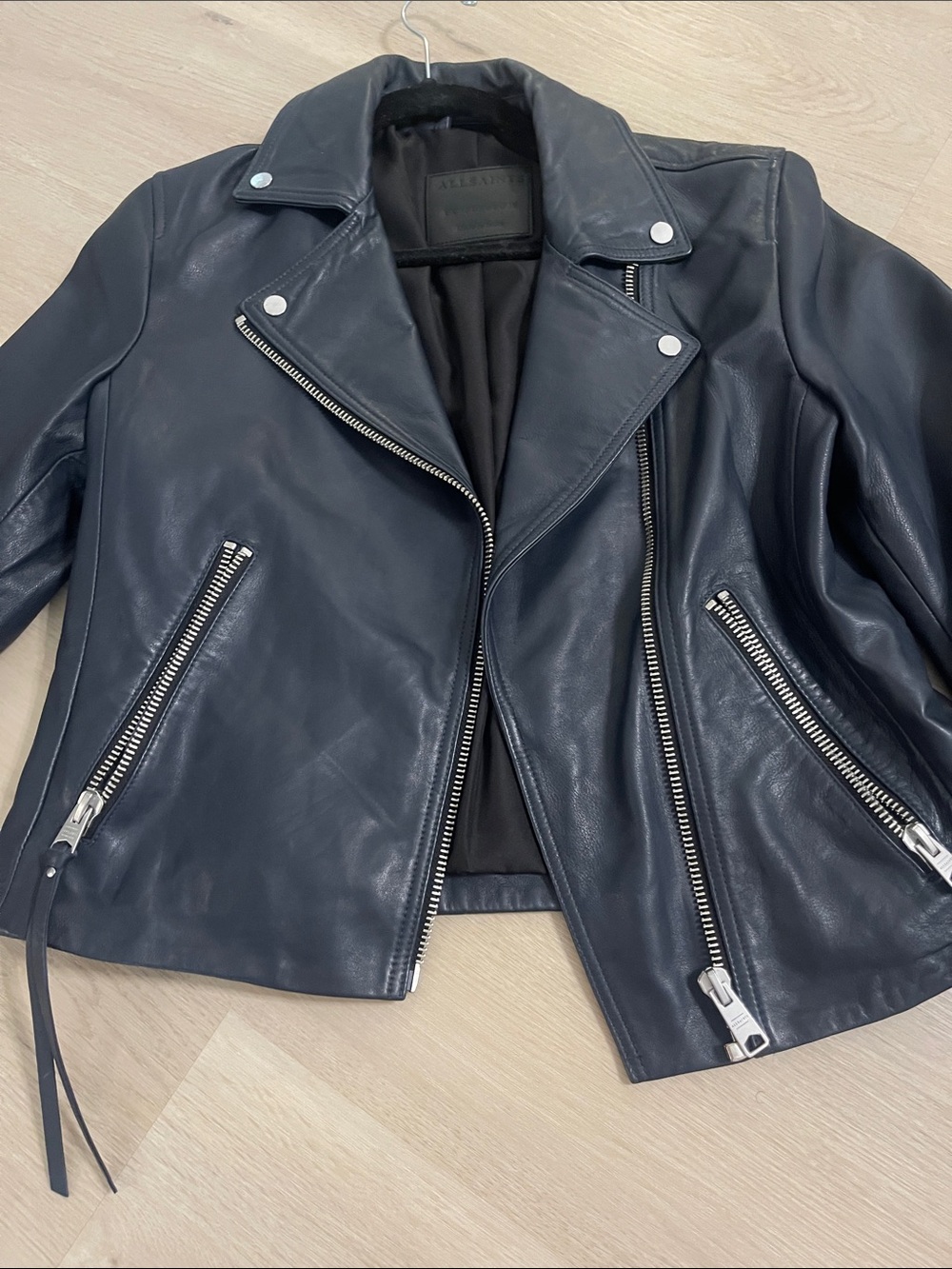 All Saints Dalby Navy Blue Leather Moto Jacket - Picture 5 of 11